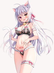 1girls :d ahoge animal_ear_fluff animal_ears arm_garter bangs bare_shoulders bell black_bra black_choker black_panties bow bow_bra bow_panties bra breasts cat_ears cat_girl cat_tail choker commentary_request cowboy_shot crotch_cutout female female_only frilled_bra frilled_panties frills groin hair_ribbon heterochromia holding_tail jingle_bell leg_garter long_hair looking_at_viewer mauve medium_breasts multicolored_hair navel oerba_yun_fang open_mouth orange_eyes original panties pubic_tattoo red_eyes ribbon smile solo solo_female standing stomach streaked_hair tail tail_raised tattoo thighs underwear underwear_only very_long_hair white_hair