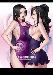 2girls big_breasts big_butt black_hair blue_eyes blush boa_hancock breast-to-breast breast_press dantewontdie dress dressrosa embarrassed eyewear_on_head female female_only hands_on_hips huge_breasts large_breasts legs long_hair nico_robin nipple_bulge nipples one_piece post-timeskip short_dress side_boob sideboob sunglasses sunglasses_on_head