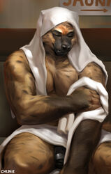 1boy anthro chunie detailed_background digital_media_(artwork) foreskin genitals hi_res humanoid_genitalia humanoid_penis hyaenid looking_down male male_only mammal nude penis sitting solo towel_on_head towel_on_lap uncut