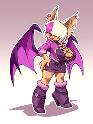 anthro big_breasts bigdad breasts chiropteran cleavage clothed clothing dyed_hair ear_piercing female fingers fur furry furry_only hair hair_over_eyes highlights highlights_(coloring) huge_breasts king_of_fighters large_breasts lipstick makeup notched_ear piercing punk rouge_the_bat shermie_(cosplay) shermie_(kof) shortstack smile snk solo solo_female sonic_(series) standing white_hair wings