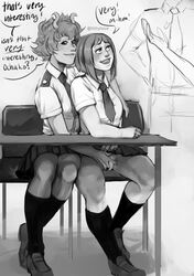 2girls antennae black_socks blush bowtie chair clothed curly_hair desk dialogue exhibitionism female filthyfaize fingering fingering_partner lesbian long_socks mina_ashido monochrome my_hero_academia ochako_uraraka panties school_uniform shirt sitting skirt smile speech_bubble stealth_sex text under_the_table yuri