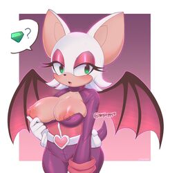 1girls anthro bat big_breasts breasts chiropteran eyelashes eyeshadow female gem green_eyes half-closed_eyes large_breasts light-skinned_female looking_at_viewer membranous_wings negitivess nip_slip nipple_slip nipples pink_eyeshadow presenting_breasts rouge_the_bat rouge_the_bat_(heroes) sega shortstack solo sonic_(series) sonic_heroes spoken_object thick_thighs white_fur white_hair wide_hips wide_thighs wings