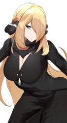 blonde_hair breasts clothed cynthia_(pokemon) gray_eyes grey_eyes leaning_forward looking_at_viewer nintendo pokemon sha_(amfil100) tagme