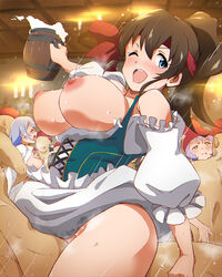 3girls 6+boys :t alcohol bangs beer beer_mug blue_eyes blue_hair blush bouncing_breasts breast_grab breasts brown_hair closed_eyes clothed_female_nude_male cup dirndl german_clothes grabbing grabbing_from_behind group_sex headband highres holding idolmaster idolmaster_million_live! large_breasts long_hair m_mance mug multiple_boys multiple_girls nipples nude one_eye_closed open_mouth orgy ponytail pout purple_hair satake_minako sex smile straight sweat yellow_eyes