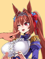 asanagi big_breasts bow cheek_poke clothing daiwa_scarlet_(umamusume) hair_ornament horse_ears horse_girl huge_breasts pale-skinned_female pale_skin poking red_eyes red_hair touching_face twintails umamusume uniform wholesome