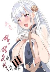 1boy azur_lane bangs blunt_bangs blush braid breast_curtains breast_squeeze breasts china_dress chinese_clothes cleavage cosplay dido_(azur_lane) dress female flower gloves grey_dress hair_flower hair_ornament half_gloves highres large_breasts long_hair open_mouth paizuri penis pink_eyes revealing_clothes sheer_clothes side_braid silver_hair sirius_(azur_lane) sirius_(azur_lane)_(cosplay) sirius_(azure_horizons)_(azur_lane) smile straight upanishi upanishi_mariko white_gloves