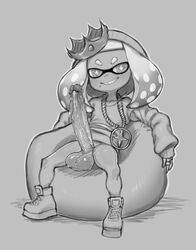 +_+ 1futa bean_bag_chair beanie blush collarbone crown cum dripping erection futa_only futanari grey_background greyscale hat highres huge_cock inkling jewelry large_penis looking_at_viewer makinakid medium_hair mole mole_under_mouth monochrome necklace pearl_(splatoon) penis precum ring shoes simple_background sitting sleeves_past_wrists small_but_hung smile sneakers solo splatoon splatoon_(series) splatoon_2 spread_legs testicles veins veiny_penis