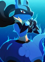 2021 absurd_res animal_genitalia anthro balls blue_body blue_fur canid canine canis digital_media_(artwork) fully_sheathed fur gaiki genitals hi_res looking_at_viewer lucario male male_only mammal nintendo nude pokemon pokemon_(species) red_eyes sheath simple_background solo video_games