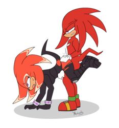 anthro anthro_on_anthro echidna female footwear gloves hair half-closed_eyes handwear knuckles_the_echidna male mammal mostly_nude orange_body orange_hair purple_eyes red_body red_hair rubber rubber_suit sex shade_the_echidna sharp_teeth sonic_(series) sonic_chronicles:_the_dark_brotherhood suit sweat torn_clothes torn_suit vvelocity