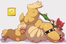 2021 anthro ass balls belly blush bowser genitals hi_res kemono koopa male male_only mario_(series) nintendo overweight overweight_male penis scalie simple_background solo video_games yoshizaurusu_n