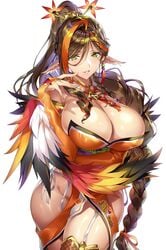 1girls bangs bridal_gauntlets brown_hair cleavage curvy death_ball detached_collar earrings feathers female gan_(shanimuni) garter_straps green_eyes hair_ornament hand_on_hip highres huge_breasts japanese_clothes jewelry lips long_hair looking_at_viewer multicolored_hair orange_hair shiny_skin smile solo thighhighs