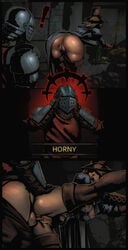 1boy 1girls anus armor ass big_ass breasts breasts_out clothed_sex comic crossbowpussycat crusader_(darkest_dungeon) darkest_dungeon faceless_male from_behind grave_robber_(darkest_dungeon) helmet horny medieval_armour panels presenting_hindquarters pussy sex taken_from_behind vaginal_penetration vaginal_sex