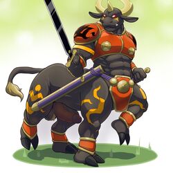 abs armor balls black_body bovid bovine breastplate claws digimon digimon_(species) erection feral genitals grass hi_res humanoid_genitalia humanoid_hands humanoid_penis male male_only mammal markings melee_weapon muscular muscular_legs muscular_male muscular_thighs penis plant pubes red_armor short_tail solo sword taur teeth vajramon weapon x-zudomon