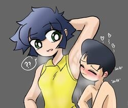 1boy1girl 1girls armpit_lick armpit_licking armpit_sniffing armpits buttercup_(powerpuff_girls) confused confusion female jerking jerkingoff kaoru_matsubara powerpuff_girls powerpuff_girls_z question_mark sally6723 scent sweat sweatdrop tomboy yellow_shirt