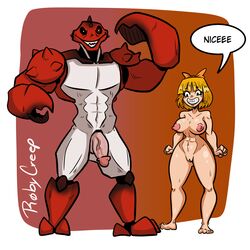 1boy 1girls 1monster ass biceps big_ass big_breasts big_butt big_penis black_eyes blonde_hair breasts busty cheese cheesly crab craboy female male monster monster_boy motoanexo muscles muscular_male nude nude_female nude_male penis red_skin short_hair shorts text thorns white_skin yellow_hair