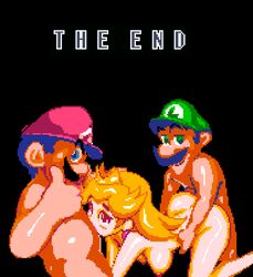 1girls 2boys black_background blonde_hair blue_eyes breasts brown_eyes cap crown doggy_style earrings female from_behind green_eyes hat long_hair looking_at_viewer luigi male mario mario_(series) moustache nintendo nipples nude oral pixel_art princess_peach sex spitroast straight super_mario_world threesome thumbs_up vinesauce_reference yev-san