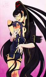 2girls armpits arms_behind_head bare_shoulders bayonetta bayonetta_(character) bdsm black_hair blue_hair blush bodysuit bondage clothed clothed_female clothing dominant_female dress erect_nipples female female_only femdom femsub finger_in_mouth finger_on_tongue fingers_in_mouth fire_emblem fire_emblem_awakening gloves hair_bun hands_behind_head hourglass_figure larger_female lipstick long_hair lucina_(fire_emblem) multiple_girls my_pet_tentacle_monster nipples_visible_through_clothing open_mouth pokies rope_bondage smaller_female standing submissive_female super_smash_bros. super_smash_bros._for_nintendo_3ds_and_wii_u tagme tongue tongue_out yuri