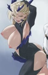 1boy ambiguous_penetration areolae armpit_cutout artoria_pendragon artoria_pendragon_(lancer_alter) ass bangs big_breasts black_bodysuit blonde_hair bodysuit braid breasts center_opening clothing_cutout cum cum_on_body cum_on_lower_body cumdrip fate/grand_order fate_(series) female female_focus french_braid fujimaru_ritsuka_(male) hand_on_head highres horns large_breasts long_hair long_sleeves nipples open_mouth revealing_clothes ribbed_bodysuit sex sidelocks simple_background solo_focus straight third-party_edit white_background yang-do yd_(orange_maru) yellow_eyes