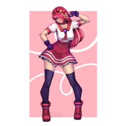 1:1 1girls athena_asamiya_(cosplay) breasts eyeshadow female female_only genderswap hand_on_hip iori_yagami king_of_fighters lipstick mascara nail_polish red_hair ribbon rule_63 sailor_fuku skirt snk solo