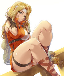 1girls bare_thighs blonde_hair brigid_(fire_emblem) fire_emblem fire_emblem:_genealogy_of_the_holy_war long_hair looking_at_viewer nintendo sajittari sitting solo solo_female thick_thighs wavy_hair yellow_eyes