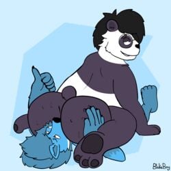 aroused_smile ass blue_body blue_fur bodily_fluids canid canine duo facesitting feet fur gesture giant_panda hi_res james_richardson male male/male mammal musk nanozapz pao_xiang simple_background sweat sweaty_butt thumbs_up ursid ursine