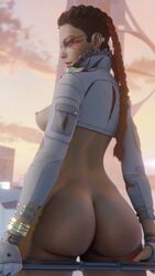 1girls 3d apex_legends ass big_ass braided_twintails breasts brown_hair dark-skinned_female dat_ass earrings female female_only functionally_nude highres jacket latina loba loba_(apex_legends) loba_andrade long_hair looking_away nipples red_hair solo songstudiob twintails two_tone_hair viewed_from_behind