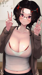 1girls big_breasts bikini bikini_top black_hair blush breasts clavicle cleavage double_v eyewear female female_only glasses hair_ornament hi_res high_resolution highres hizake jacket kashu_(hizake) large_breasts looking_at_viewer medium_hair megane mozu_(hizake) multicolored_hair navel open_clothes original original_character red_bikini red_eyes red_hair_ornament shiny_skin short_hair solo sweat swimsuit tank_top v