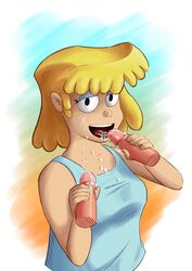 1girls bedroom_eyes blonde_hair cum cum_in_mouth disembodied_penis double_middle_finger(artist) grabbing_penis lori_loud penis short_hair the_loud_house tongue_out white_background