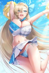 1girls armpits asuna_(blue_archive) blonde_hair blue_archive blue_eyes blue_panties breasts cheerleader cheerleader_uniform cleaning_&_clearing_(blue_archive) cleavage female hair_over_one_eye halo hi_res hips holding_object huge_breasts ibara_azuki_(azk_ibr2nd) light-skinned_female light_skin long_hair millennium_cheerleader_outfit_(blue_archive) millennium_science_school_student outdoors panties pom_poms side-tie_panties slim_waist smile thick_thighs thighs very_long_hair wide_hips