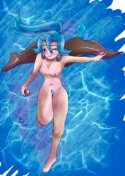 blue_eyes blue_hair blue_pubic_hair blush breasts cape clair_(pokemon) completely_nude earrings female female_only flatpancakes grin gym_leader looking_away nipples nude nude_female one_leg_up pokeball pokemon pokemon_(game) pokemon_gsc ponytail pubic_hair running underwater water