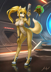 1girls 2021 abs absurd_res alien alternate_species ambiguous_form anthro areolae baby_(metroid) blonde_hair bracelet breasts canid canine casual casual_nudity clothing colored corridor detailed_background digital_media_(artwork) digital_painting_(artwork) duo erect_nipples female female_only feral firearm footwear footwear_only fox full-length_portrait fur furrification furry genitals gun hair hallway hand_on_leg hand_on_thigh handgun hi_res high_heels holding_gun holding_object holding_weapon humanoid jecbrush jewelry large_breasts light lighting looking_at_viewer mammal metroid metroid_(creature) metroid_(species) mostly_nude muscular_female naked_footwear naked_heels naked_shoes nintendo nipples nude pinup portrait pose pussy ranged_weapon samus_aran science_fiction shaded signature vent video_games weapon wide_hips wristwear yellow_body yellow_fur