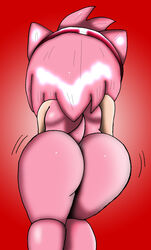 accessory amy_rose anthro ass butt_wiggle eulipotyphlan female hair headband hedgehog hi_res mammal motion_lines nude pink_body pink_hair rear_view red_background rokku-d simple_background solo sonic_(series) sonic_the_hedgehog_(series)