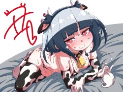 1girls armwear black_hair blush bob_cut cow_bikini cow_outfit cow_pattern female hanya_(hanya_yashiki) jitomi_monoe legwear light-skinned_female magnet_hair_ornament red_eyes short_hair shortstack sweat tail virtual_youtuber voms_project