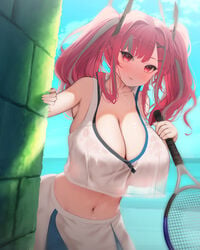 1girls azur_lane bare_shoulders bbolalus big_breasts blue_sky blush breasts bremerton_(azur_lane) bremerton_(scorching-hot_training)_(azur_lane) cleavage collarbone cowboy_shot crop_top crop_top_overhang day female hair_ornament hairclip large_breasts looking_at_viewer midriff multicolored_hair navel no_bra no_mole pink_eyes pink_hair racket see-through shirt sidelocks skirt sky sleeveless_shirt solo sportswear standing streaked_hair tennis_racket tennis_uniform twintails wet wet_clothes wet_shirt white_shirt white_skirt