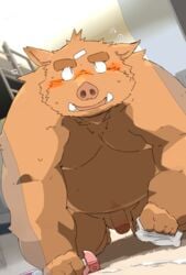 2020 anthro balls belly blush bodily_fluids brown_body brown_fur cum cum_on_ground edit fur genital_fluids genitals hi_res inside kemono kisukemk777 male mammal moobs overweight overweight_anthro overweight_male penis solo suid suina sus_(pig) uncensored wild_boar