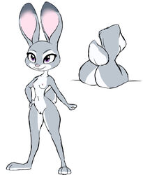 2021 absurd_res anthro ass breasts countershade_torso countershading dipstick_ears disney female fur grey_body grey_fur hi_res judy_hopps lagomorph leporid mammal multicolored_ears nipples nude purple_eyes rabbit simple_background small_breasts solo standing thousandarms white_background white_body white_fur zootopia