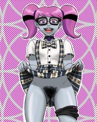 1girls 2018 braces brainwashed commission dc dc_comics desire_arts digital_media_(artwork) glasses hairy_pussy jinx_(dc) nerdification panties_around_leg pink_hair presenting presenting_pussy pubic_hair skirt_lift solo teen_titans