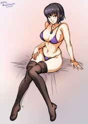 1girls accessory alternate_costume amulet bare_thighs big_breasts bikini black_hair boots cleavage fire_emblem fire_emblem:_thracia_776 looking_at_viewer medium_hair minacream nintendo olwen_(fire_emblem) on_bed purple_bikini purple_eyes purple_swimsuit sideboob sitting smile solo solo_female swimsuit