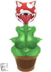 anthro areola big_breasts bowser's_fury breasts elemental_creature elemental_humanoid female flora_fauna genitals hi_res humanoid lips mario_(series) naudak nintendo piranha_plant plant plant_humanoid pussy solo super_mario_3d_world thick_thighs tongue video_games white_background