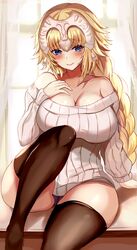 arm_support black_legwear black_stockings blonde_hair blue_eyes blush braid breasts cleavage closed_mouth collarbone covered_navel covered_nipples eyebrows_visible_through_hair eyelashes fate/grand_order fate_(series) female female female_focus female_only jeanne_d'arc_(fate) jeanne_d'arc_(fate)_(all) kuro_(tbm9187) leg_up legwear long_braid long_hair looking_at_viewer mouth_closed no_bra panties purple_panties simple_background sitting solo solo_female solo_focus stockings sweater sweater_dress thighs