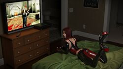 1girls alicecry ass bed bedroom bloodrayne boots controller dhampir elbow_gloves fully_clothed gamepad gaming half_vampire heel_boots heels latex looking_at_viewer lying lying_on_bed playing_videogame playstation_2 rayne red_hair short_hair solo solo_female vampire