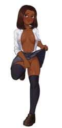 1girls areolae big_breasts blushing breasts brown_eyes brown_hair brown_shoes brown_skin clothed dark-skinned_female dark_skin dress_shirt female female_focus female_only fingering fingering_self loafers masturbation nipples no_bra no_panties omega_haunter open_shirt original original_character school_uniform shy skirt skirt_lift socks solo solo_female stockings straight_hair teasing thick_thighs thighhighs thighs white_shirt