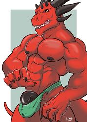 1boy 2021 abs anthro barely_contained biceps big_muscles black_sclera bottomwear bulge claws clothing dragon fangs genitals green_underwear horn lilshark looking_at_viewer male male_only muscular muscular_male nipples obliques pecs penis scalie signature simple_background solo standing tail_spines teeth tenting torn_bottomwear torn_clothing underwear vein veiny_penis yellow_eyes