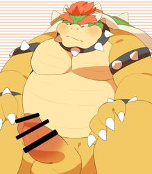 0119_muu 2021 anthro balls blush bowser censored erection genitals hi_res kemono koopa male male_only mario_(series) nintendo overweight overweight_male penis scalie sitting solo video_games