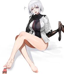 absurdres bangs bar_censor barefoot black_gloves black_legwear breasts censored cum cum_between_toes cum_on_feet dokomon elbow_gloves erection feet female footjob girls'_frontline gloves handjob highres jacket large_breasts penis penis_in_thighhigh purple_eyes rpk-16_(girls'_frontline) short_hair short_sleeves silver_hair sitting solo_focus thighhighs_removed toes white_jacket