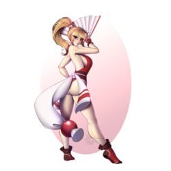 1:1 1girls armpits ass bare_shoulders blonde_hair blue_eyes breasts fatal_fury female female_only female_terry genderswap king_of_fighters mai_shiranui_(cosplay) mascara ponytail rule_63 sideboob snk snk_heroines:_tag_team_frenzy solo terry_bogard