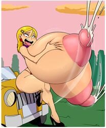 1girls angelica_pickles ber00 blonde_hair blue_eyeshadow breast_grab breast_squeeze car cloud earrings female female_only gigantic_breasts hair_ornament high_heels huge_breasts huge_nipples hyper hyper_breasts lactation milk nickelodeon nude nude_female nudity pink_sky puffy_nipples purple_choker red_bikini rugrats scenery sitting_on_car solo solo_female thick_thighs tongue_out tree