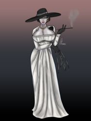 1girls alcina_dimitrescu big_breasts black_hair breasts cleavage creepy female female_only horror resident_evil resident_evil_8:_village smoking solo solo_female solo_focus tall vampire white_dress