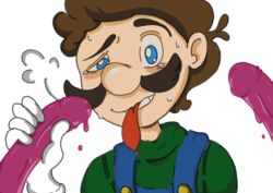 1boy blowjob blue_eyes boo_(mario) brown_hair cock_hungry erection fellatio gay gloves heavy_breathing holding_penis imminent_penetration king_boo looking_at_viewer luigi luigi's_mansion male_only mario_(series) mustache one_eye_half-closed oral_sex pleasure_face purple_penis sweatdrops tongue_out turtleneck_sweater veiny_penis white_background yaoi