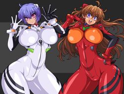 2girls asuka_langley_sohryu big_breasts blue_hair bodysuit breasts brown_hair clothing curvy duo erect_nipples erect_nipples_under_clothes female female_only gmagami great_magami human interface_headset large_breasts light-skinned_female light_skin long_hair multiple_girls neon_genesis_evangelion pale-skinned_female pale_skin pilot_suit plugsuit red_suit rei_ayanami short_hair simple_background suit thick_thighs thunder_thighs twintails voluptuous white_suit wide_hips